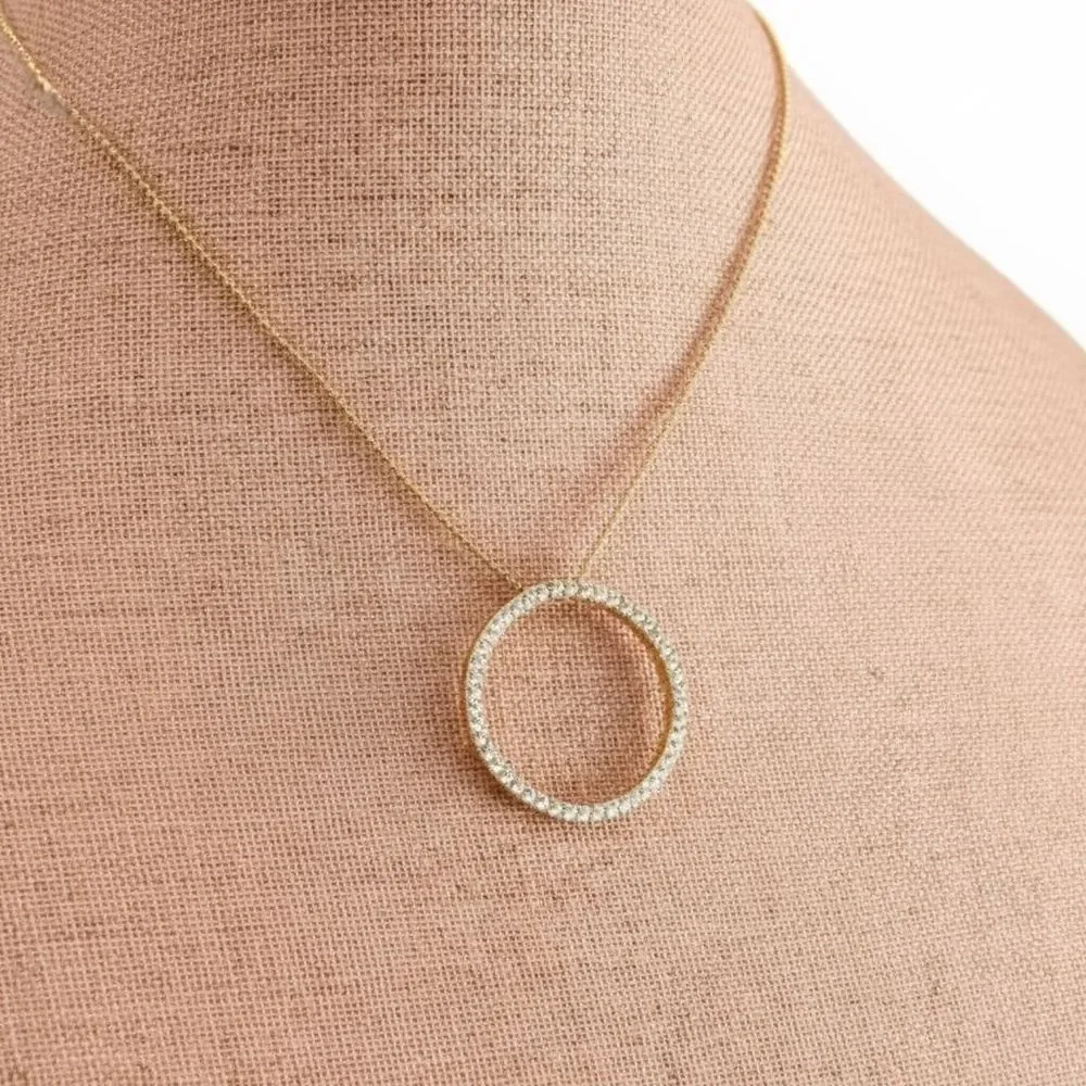 Trifari Circle Pendant Necklace Eternity Link Crystals on Goldtone Chain, Boxed